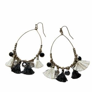 LOFT Tassel Hoop Earrings Loops w Gold Beads Black Ivory Lightweight Boho Chic
